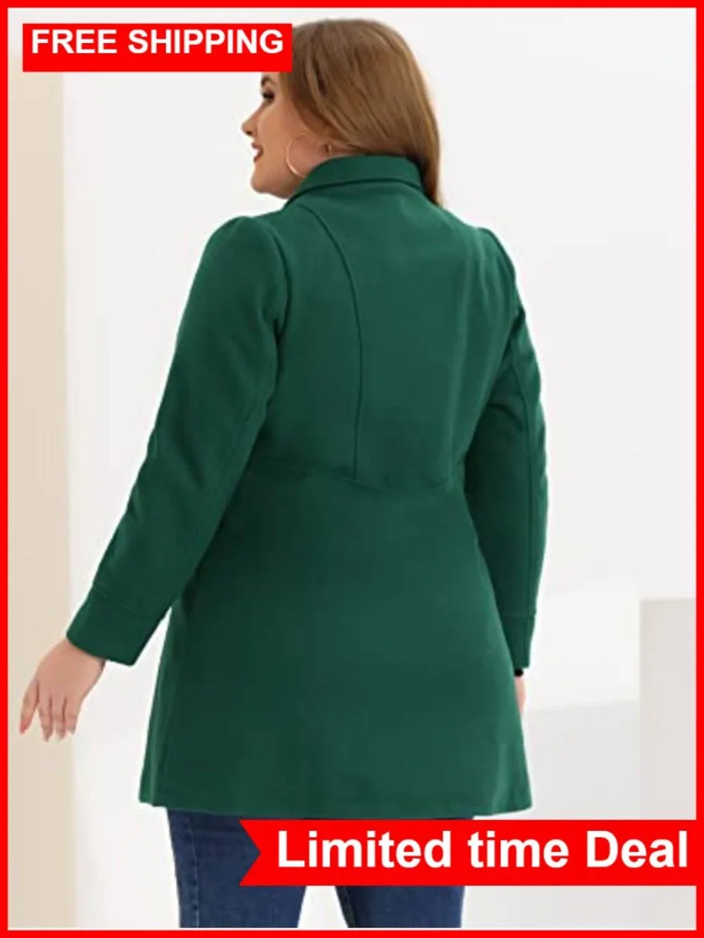 Plus Size Double Breasted A-Line Pea Coat Midi Wool Blend Winter